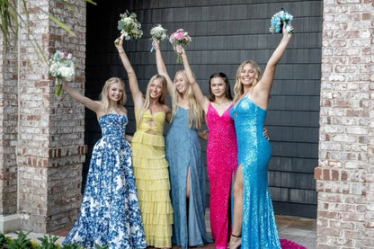 Yellow stylish elegant spaghetti straps long satin tiered ball gown formal evening dress party dress gh3655