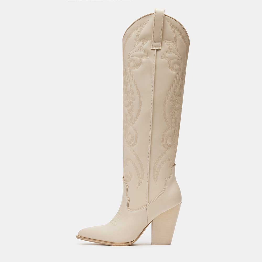 Ivory Pointed Toe Embroidered Knee-high Block Heel Cowgirl Boots
