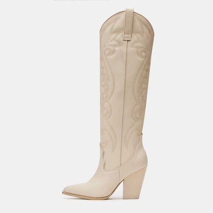 Ivory Pointed Toe Embroidered Knee-high Block Heel Cowgirl Boots