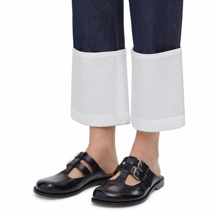 Black Round Toe Buckle Fastening Strap Comfy Flat Mules for Women