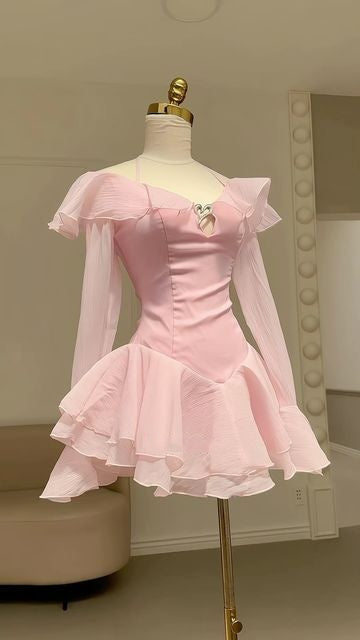 Pink Ruffle Short Chiffon Homecoming Dress Birthday Dress gh4625