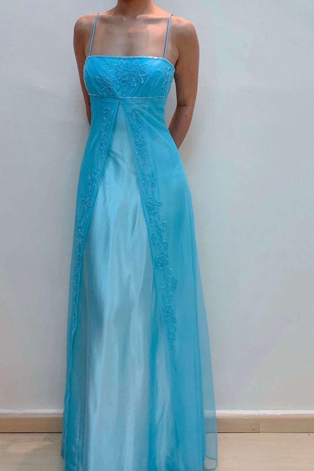 amakanas-Vintage Ice Blue Spaghetti Strap Lace-Embroidered Long Evening Gown gh6023
