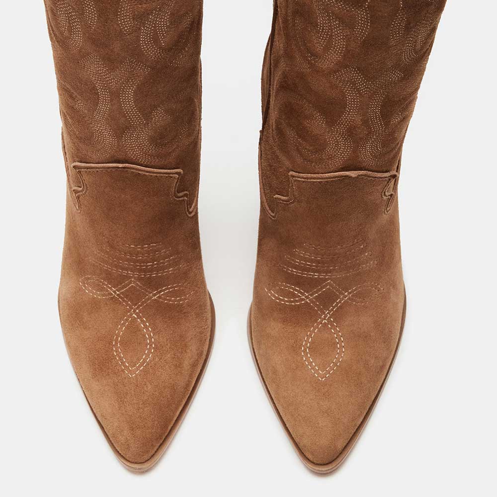 Pointed Toe Chunky Heel Embroidered Knee-high Cowgirl Boots in Brown