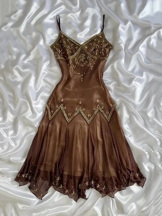 amakanas-Vintage Coffee Brown Gold Hand-Embroidered Short Spaghetti Strap Wave Hem Evening Dress gh6008