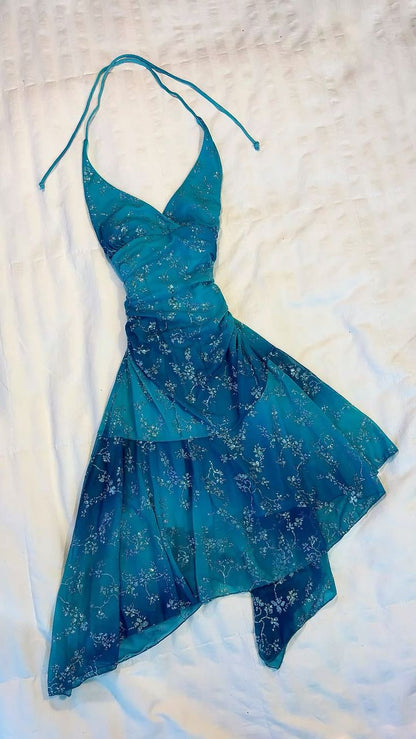 amakanas-VVintage Teal Floral Halter Neck Asymmetric Ruffled Short Party Dress gh6015