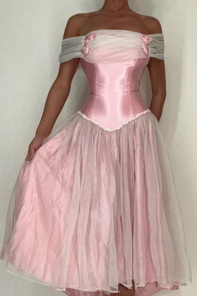 amakanas--Pink Homecoming Dress Vintage Off-the-shoulder Satin Tulle Short Birthday Dress gh5729