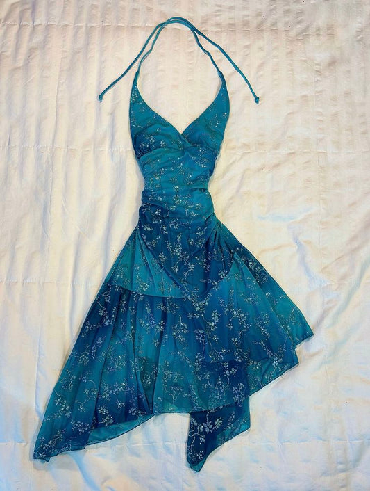 amakanas-VVintage Teal Floral Halter Neck Asymmetric Ruffled Short Party Dress gh6015