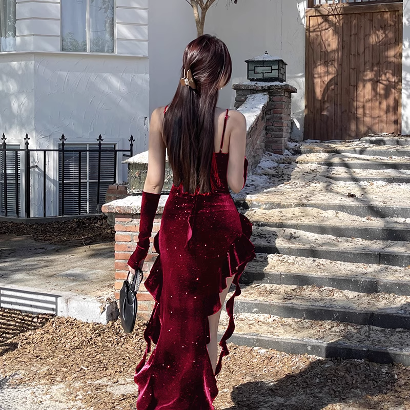 Vintage Glittering Sequin Sweetheart Spaghetti Strap Ruffled High Slit Prom Dress Evening Dress TP4350