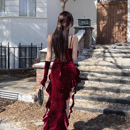 Vintage Glittering Sequin Sweetheart Spaghetti Strap Ruffled High Slit Prom Dress Evening Dress TP4350