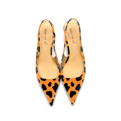 Orange Leopard Print Pointed Toe Slingback Kitten Heel Pumps Shoes