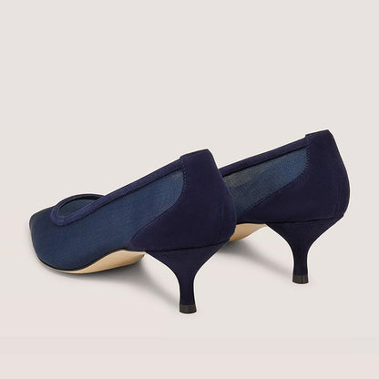 Blue Fabric Pointed Toe Kitten Heel Navy Pumps for Elegant Ladies