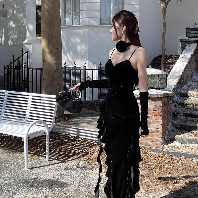 Vintage Glittering Sequin Sweetheart Spaghetti Strap Ruffled High Slit Prom Dress Evening Dress TP4350