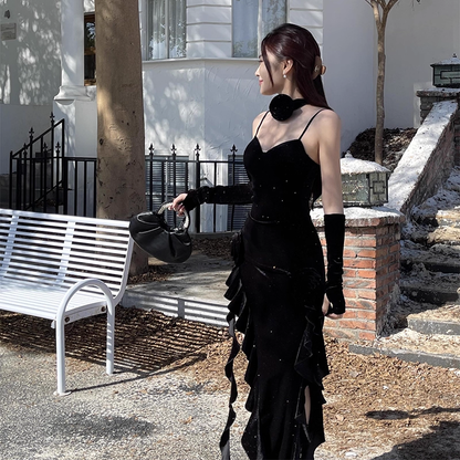 Vintage Glittering Sequin Sweetheart Spaghetti Strap Ruffled High Slit Prom Dress Evening Dress TP4350