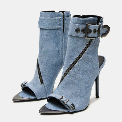 Denim Pointed Stiletto Heel Zipper Peep Toe Ankle Boots with Buckle