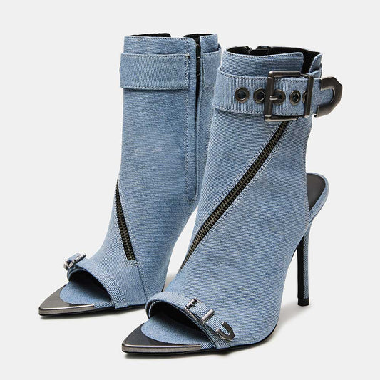Denim Pointed Stiletto Heel Zipper Peep Toe Ankle Boots with Buckle