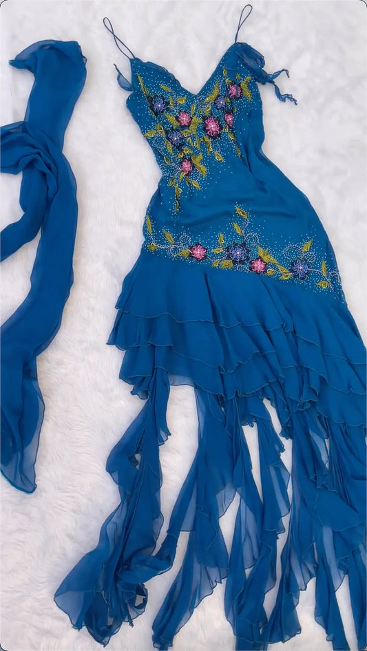 amakanas-Vintage Royal Blue Hand-Embroidered Floral Ruffled Hem Evening Gown gh6005