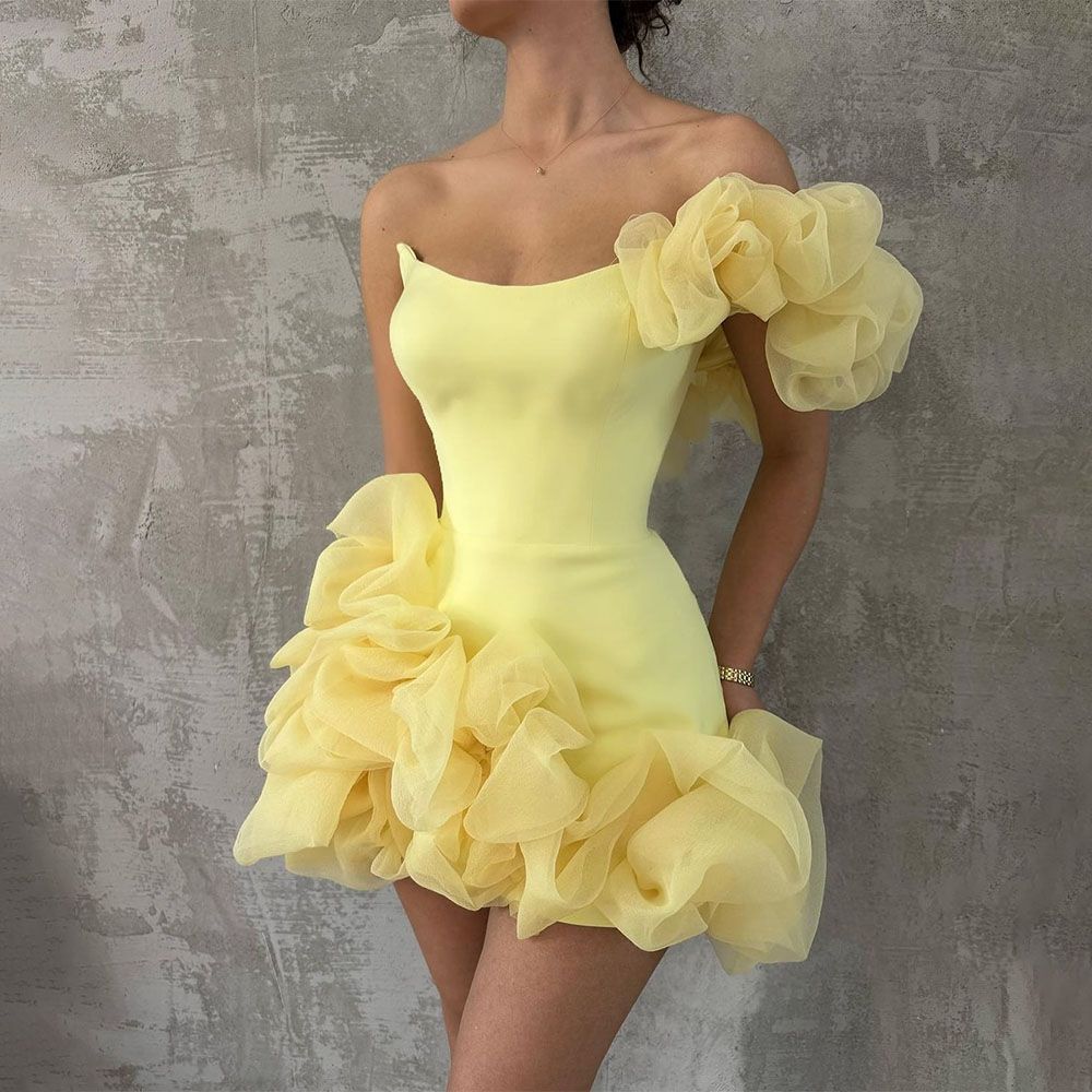 amakanas-Yellow one-shoulder fashion sweet bud skirt short chiffon homecoming dress birthday dress gh5269