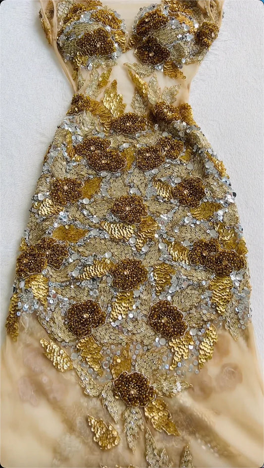 amakanas-Champagne Gold Heavy Beaded Mermaid Gown, Luxurious Sequin 3D Floral Embellished Evening Dress gh6003