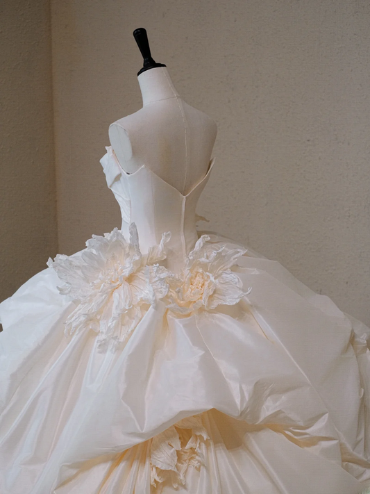 Gorgeous Ivory Satin 3D Flowers A-Line Strapless Long Wedding Dress TP5047