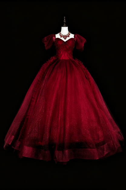 amakanas-Burgundy Retro Sparkling Short-Sleeved Long Tulle Ball Gown gh6134