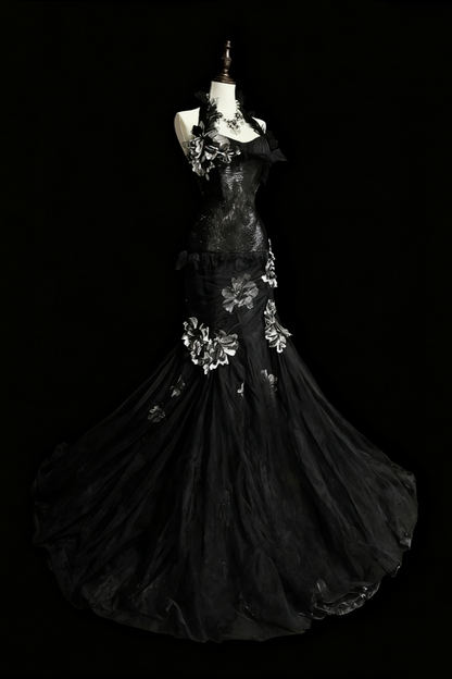 amakanas-Evening dress Black mermaid-inspired floral gown, uniquely elegant dark mermaid long tulle ball gown/evening dress. gh6138