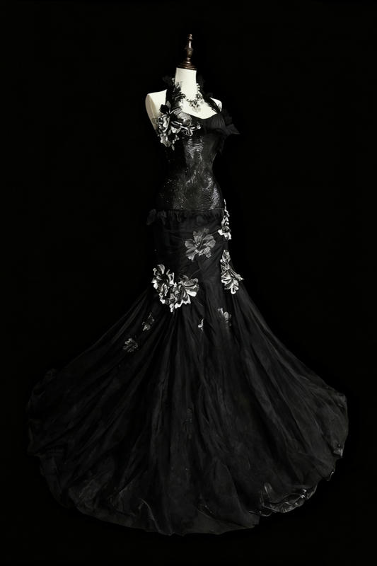 amakanas-Evening dress Black mermaid-inspired floral gown, uniquely elegant dark mermaid long tulle ball gown/evening dress. gh6138