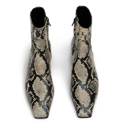 Black Python Embossed Square Toe Ankle Boots with Side Zipper