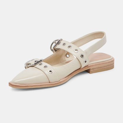 Ivory Patent Leather Pointed Toe Studded Slingback Strappy Flat Pumps