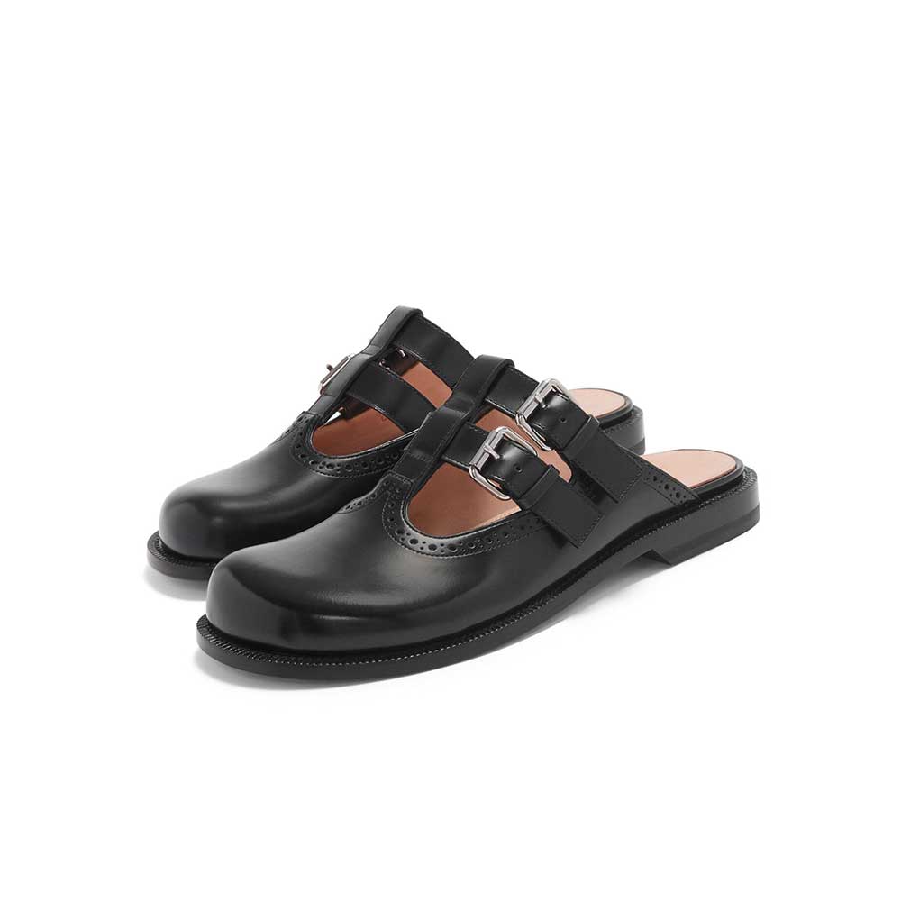 Black Round Toe Buckle Fastening Strap Comfy Flat Mules for Women