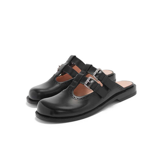 Black Round Toe Buckle Fastening Strap Comfy Flat Mules for Women