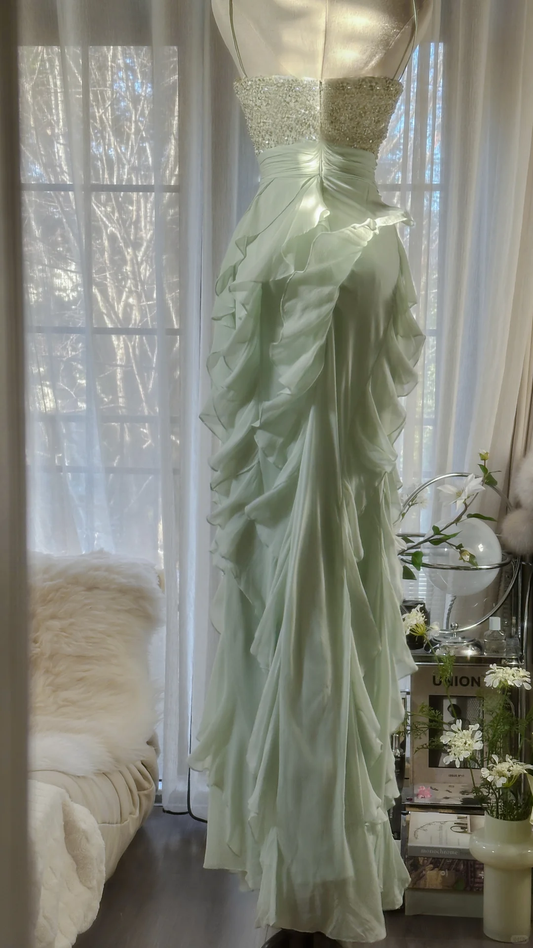 Vintage Light Green Shiny Spaghetti Strap Design Romantic Chiffon Evening Dress Prom Dress TP4012