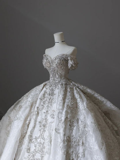 Gorgeous Off-Shoulder Embroidered Wedding Dress A-Line Fairytale Beading Lace Bridal Gown TP5076