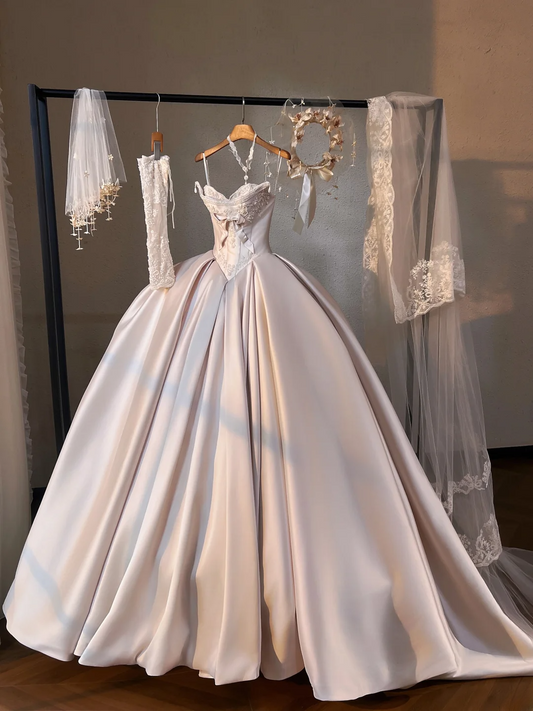 Vintage Satin Beaded Sweetheart A-Line Spaghetti Strap Wedding Dress TP5032