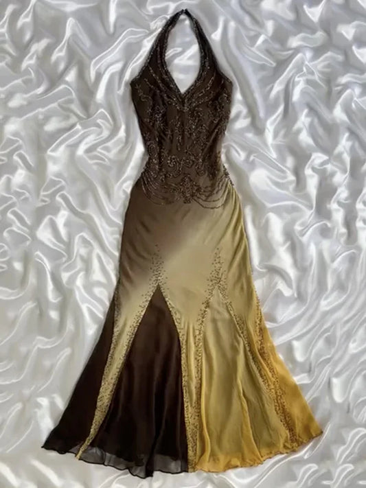 amakanas-Vintage Gradient Hand-Beaded Halter Neck Mermaid Evening Gown gh6007
