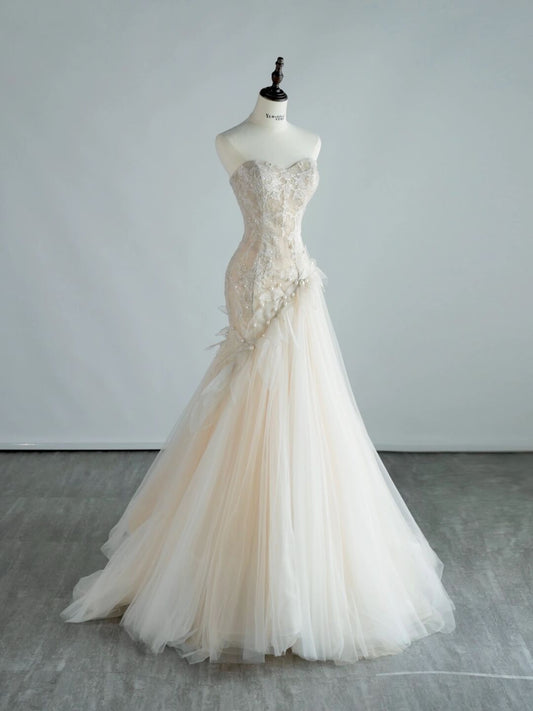 Glamorous Strapless Lace Mermaid Wedding Dress Romantic Pearl Beaded Tulle Bridal Gown TP5082