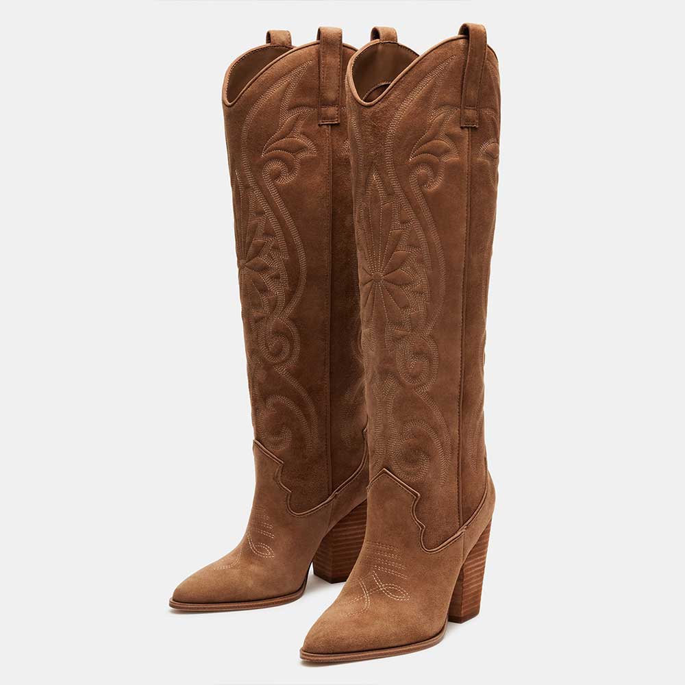 Pointed Toe Chunky Heel Embroidered Knee-high Cowgirl Boots in Brown