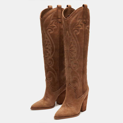 Pointed Toe Chunky Heel Embroidered Knee-high Cowgirl Boots in Brown