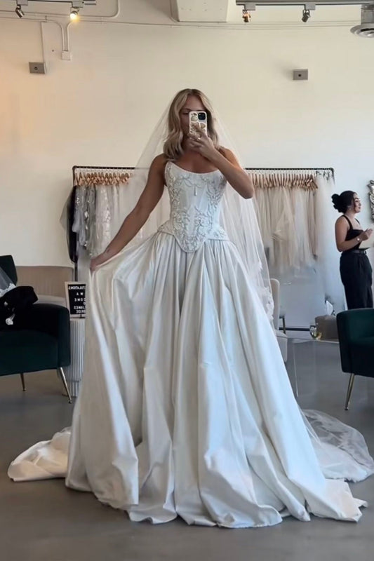 amakanas-White, delicately beaded, long satin wedding dress gh6175