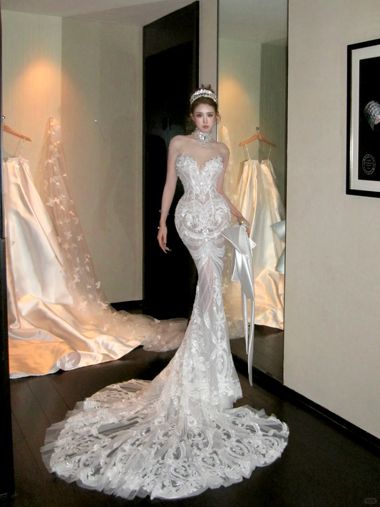 Elegant Glittering Beaded Sequined Applique Sweetheart Design Mermaid Wedding Dress Prom Dress Evening Dress TP4231