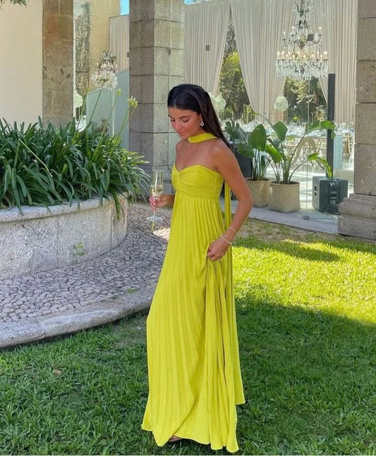 Yellow green fashion simple elegant tube top off shoulder long chiffon ball gown party dress evening dress with scarf Prom Dress gh3662