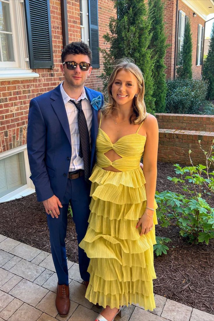 Yellow stylish elegant spaghetti straps long satin tiered ball gown formal evening dress party dress gh3655