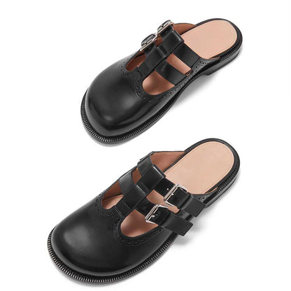 Black Round Toe Buckle Fastening Strap Comfy Flat Mules for Women