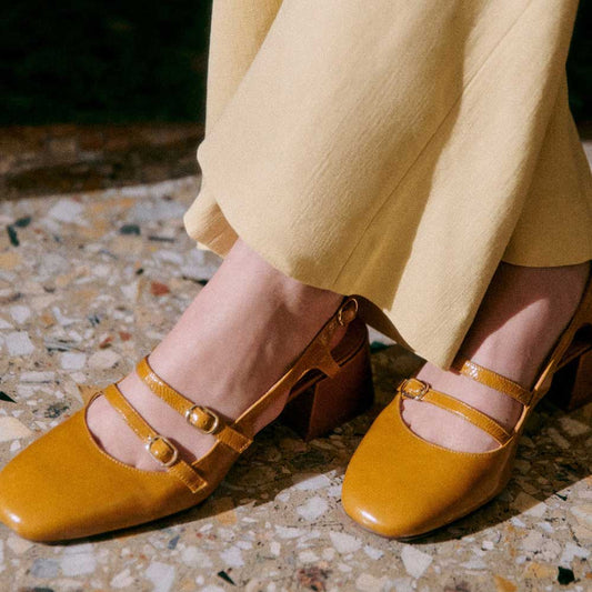 Mustard Square Toe Block Heel Vintage Slingback Pumps