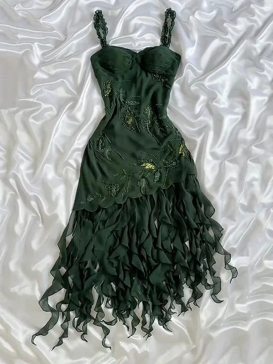 amakanas-Dark green chiffon short/long ruffled homecoming dress prom dress formal evening dress gh5137