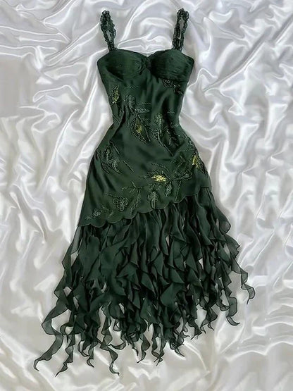 amakanas-Dark green chiffon short/long ruffled homecoming dress prom dress formal evening dress gh5137