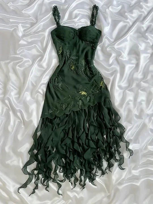 amakanas-Dark green chiffon short/long ruffled homecoming dress prom dress formal evening dress gh5137