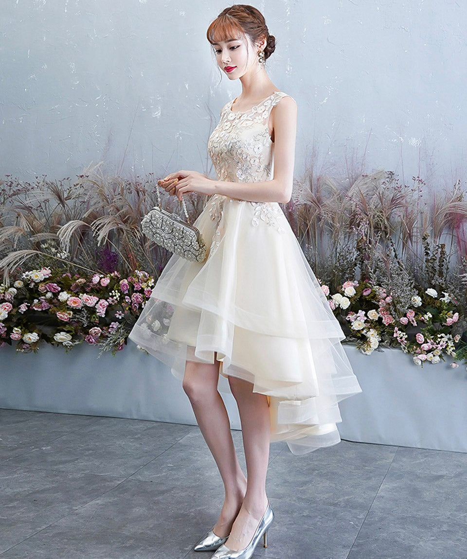 Champagne tulle lace high low prom dress party dress  8420