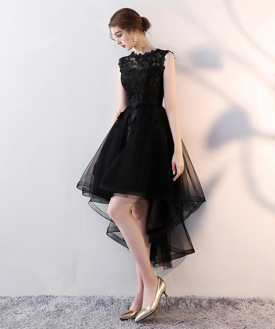 Black tulle lace high low prom dress evening dress  8416