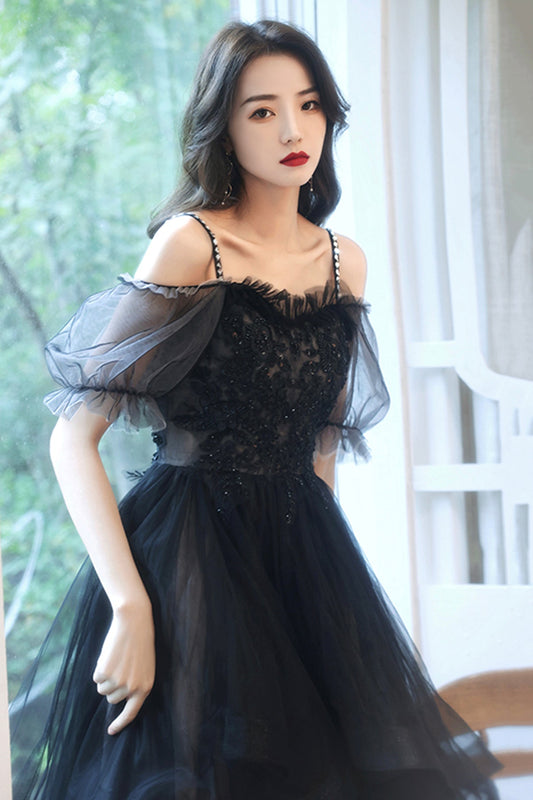 Black tulle lace high low prom dress party dress  8743