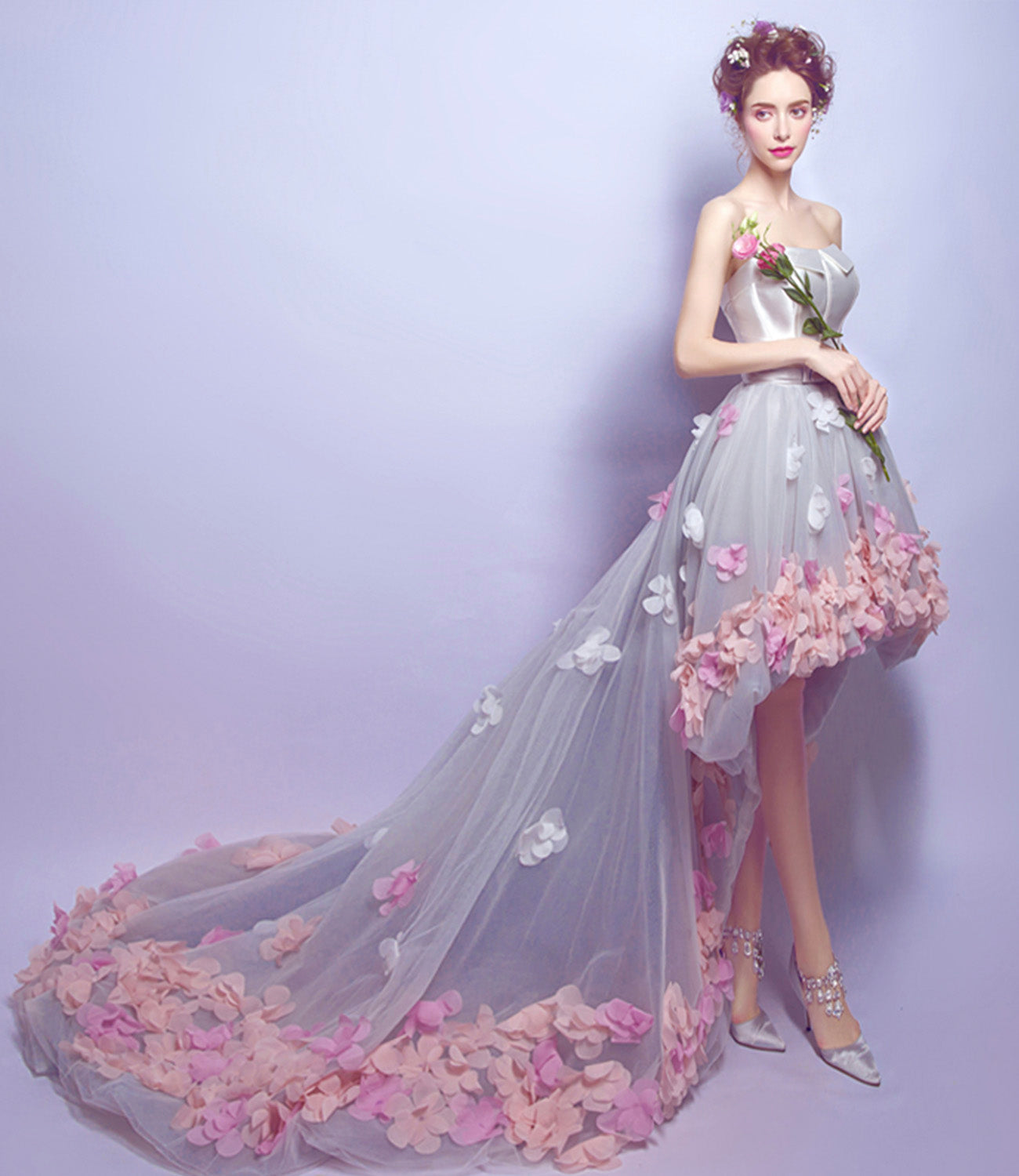 Cute tulle high low prom dress white evening dress  8899